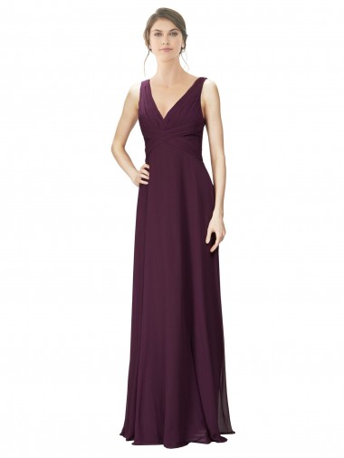 Shop Long Chiffon Bridesmaid Dress with Ruched Criss Cross V-Neck Bodice Ottawa