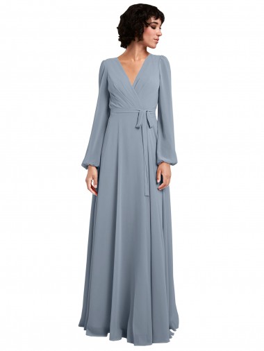 Shop Wrap Style Long Sleeves Chiffon Bridesmaid Dress with Pleated Bodice Ottawa