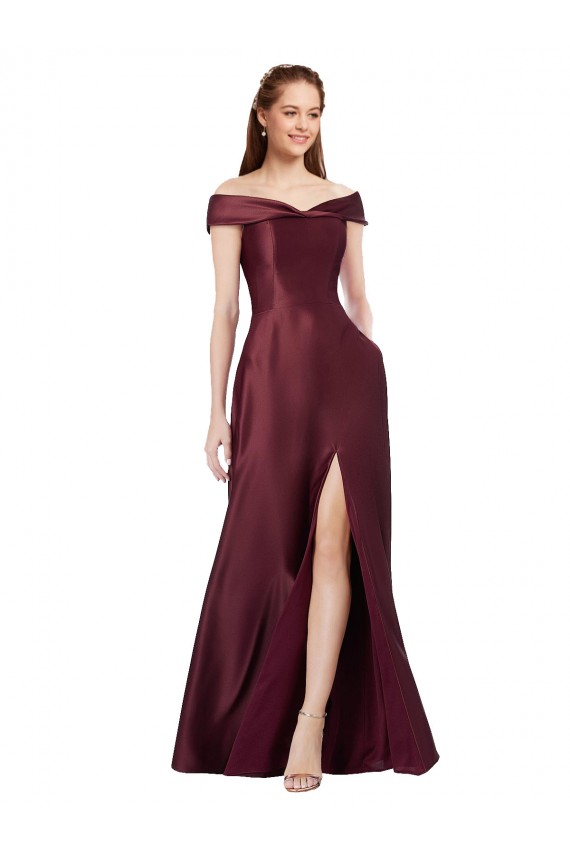 Shop Long Off the Shoulder Formal Satin Bridesmaid Dress / Prom Dress with Thigh-high Slit Ottawa