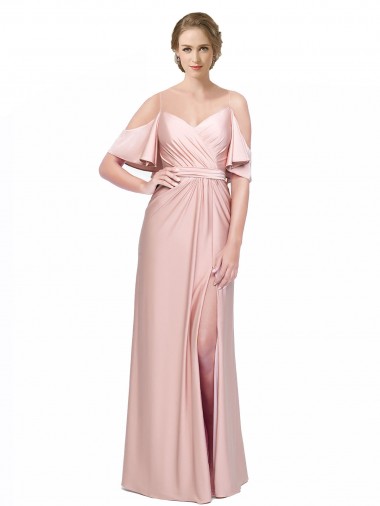Shop Draped Cold Shoulder Sleeves Long Formal Silky Satin Bridesmaid Dress / Prom Dress with Slit and Tie Back Ottawa