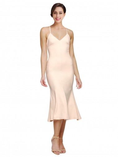 Shop Midi Cocktail Length V-Neckline Crepe Bridesmaid Dress / Prom Dress with Thin Straps and Fulted Skirt Ottawa