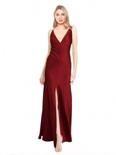 Shop Floor Length Deep V-Back Formal Stretch Satin Bridesmaid Dress / Prom Dress with Front Slit Ottawa