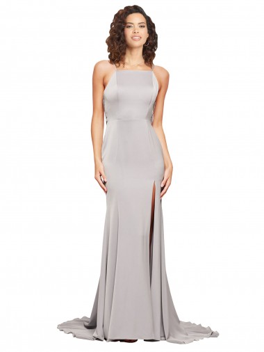 Shop High Neck Low Back Long Full Length Formal Stretch Satin Bridesmaid Dress / Prom Dress Ottawa