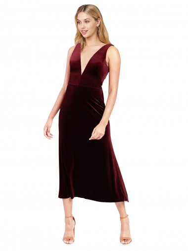 Shop Daring Plunging V-Neckline Short Midi Cocktail Length Velvet Bridesmaid Dress / Prom Dress Ottawa