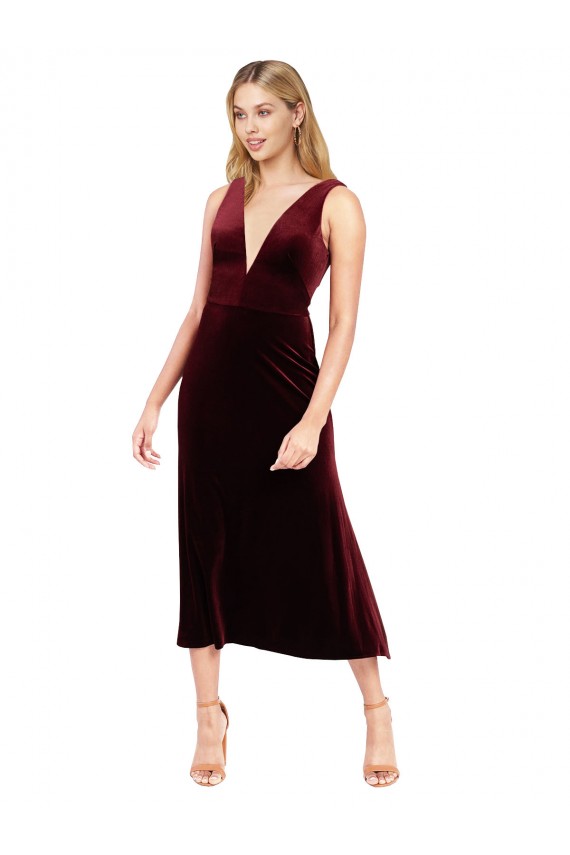 Shop Daring Plunging V-Neckline Short Midi Cocktail Length Velvet Bridesmaid Dress / Prom Dress Ottawa