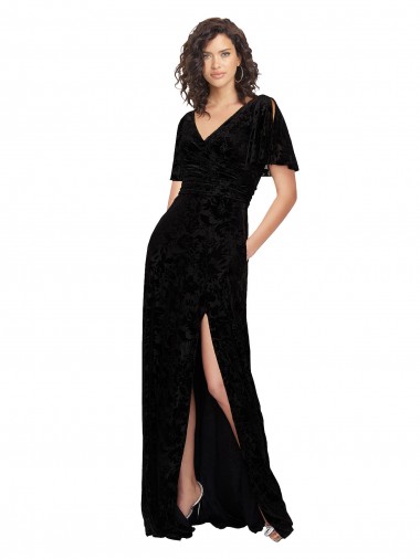 Shop Split Sleeves V-Neck Floral Velvet Bridesmaid Dress with Front Slit Ottawa